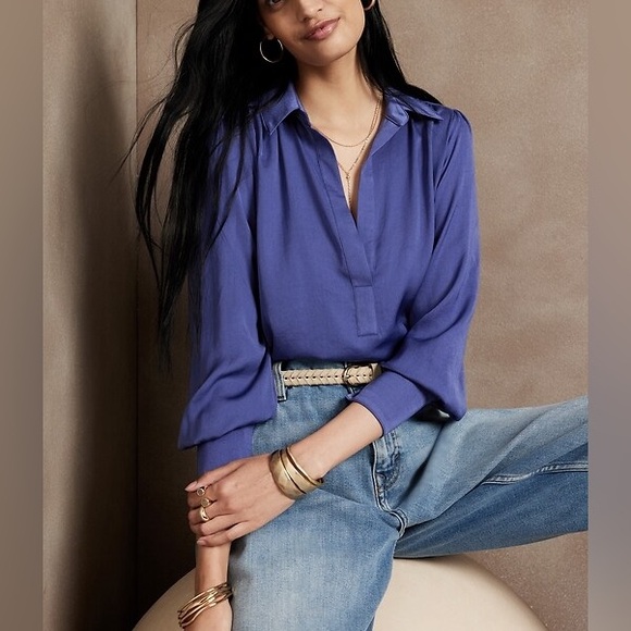 Banana Republic Silky Collar Granite Blue Long Sleeve Relaxed Fit Blouse Size S - Picture 1 of 10